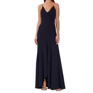 MONIQUE LHUILLIER Loop-Lace Trim Wrapped Gown. Size 4. Navy Blue.